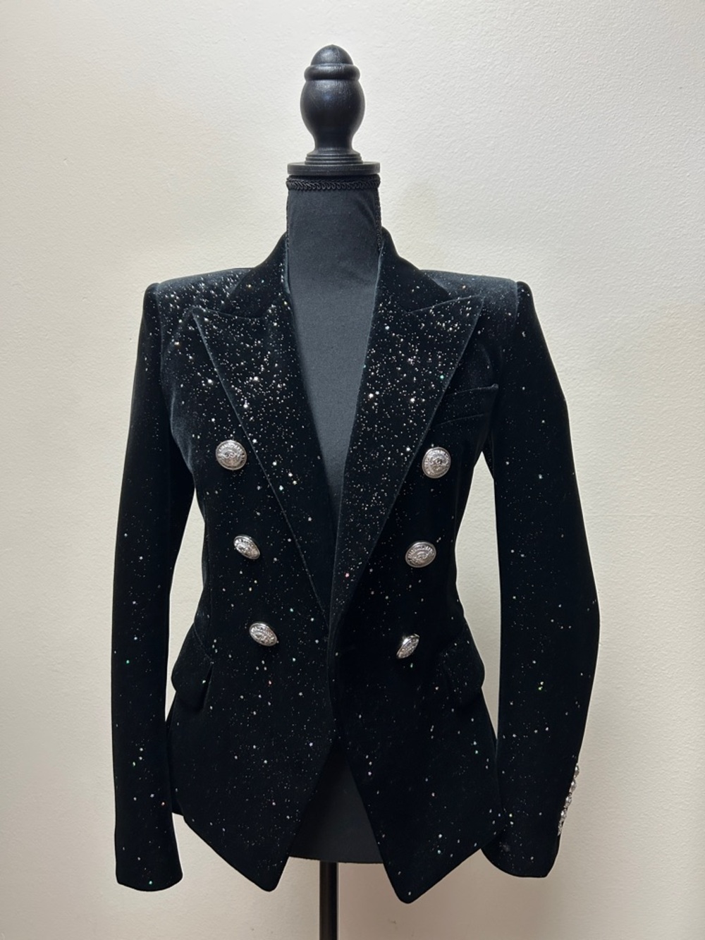 Balmain Black Velvet Double-Breasted Blazer with Sparkle
